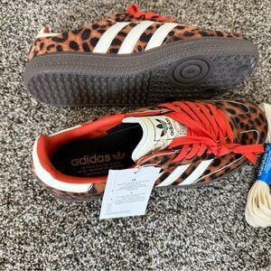 NWT and box Adidas Leopard Print Sneakers with Red-Orange and White Accents
